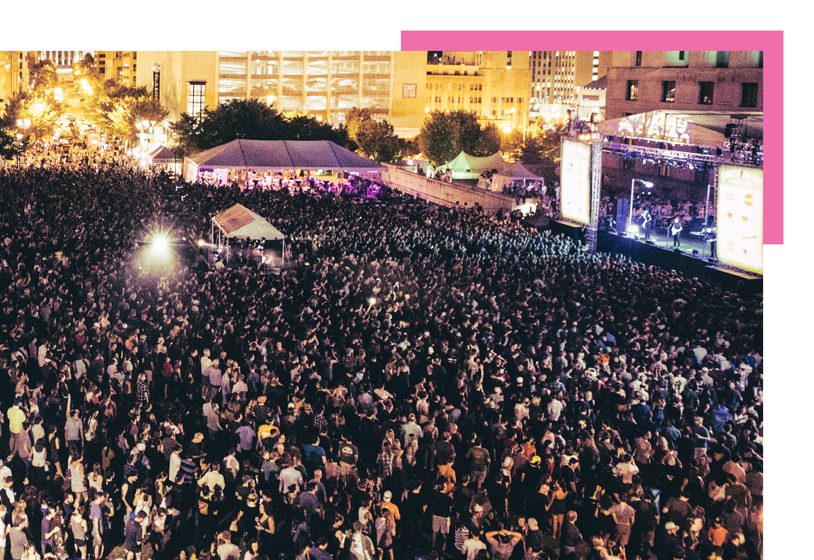 overhead view of the crowd at Live On The Green from the Lightning Lounge towers